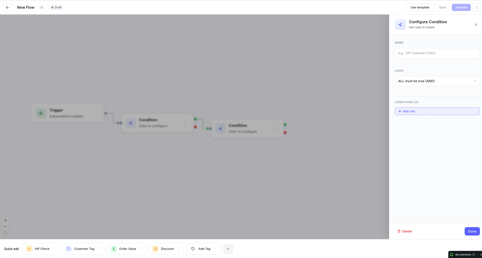 Visual automation flow builder with drag-and-drop interface