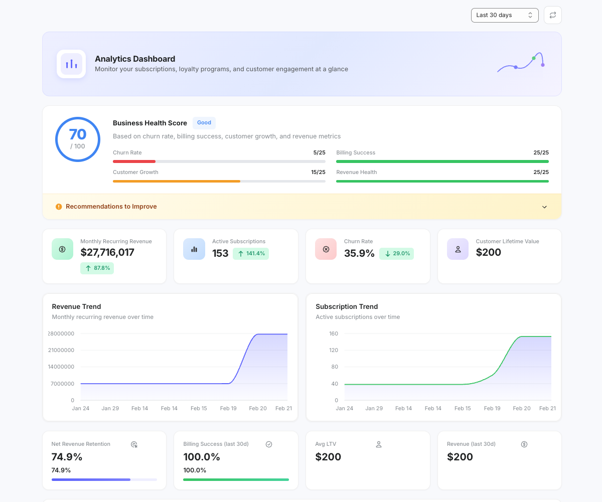 subZwallet analytics dashboard with its tabs and period selector