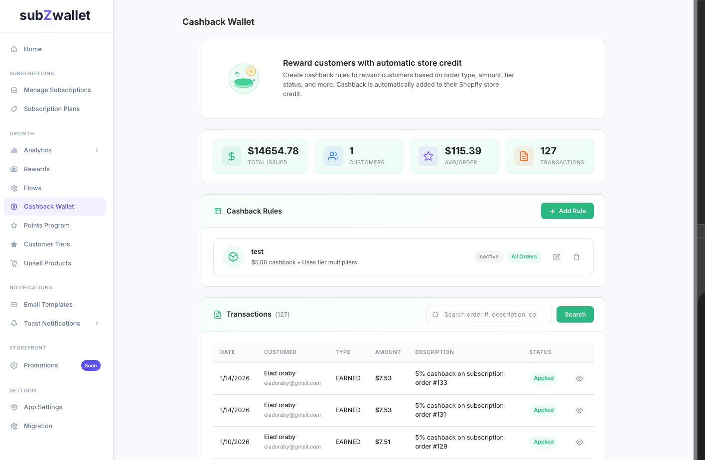 Cashback wallet rules list showing active rules with trigger types, values, and status toggles