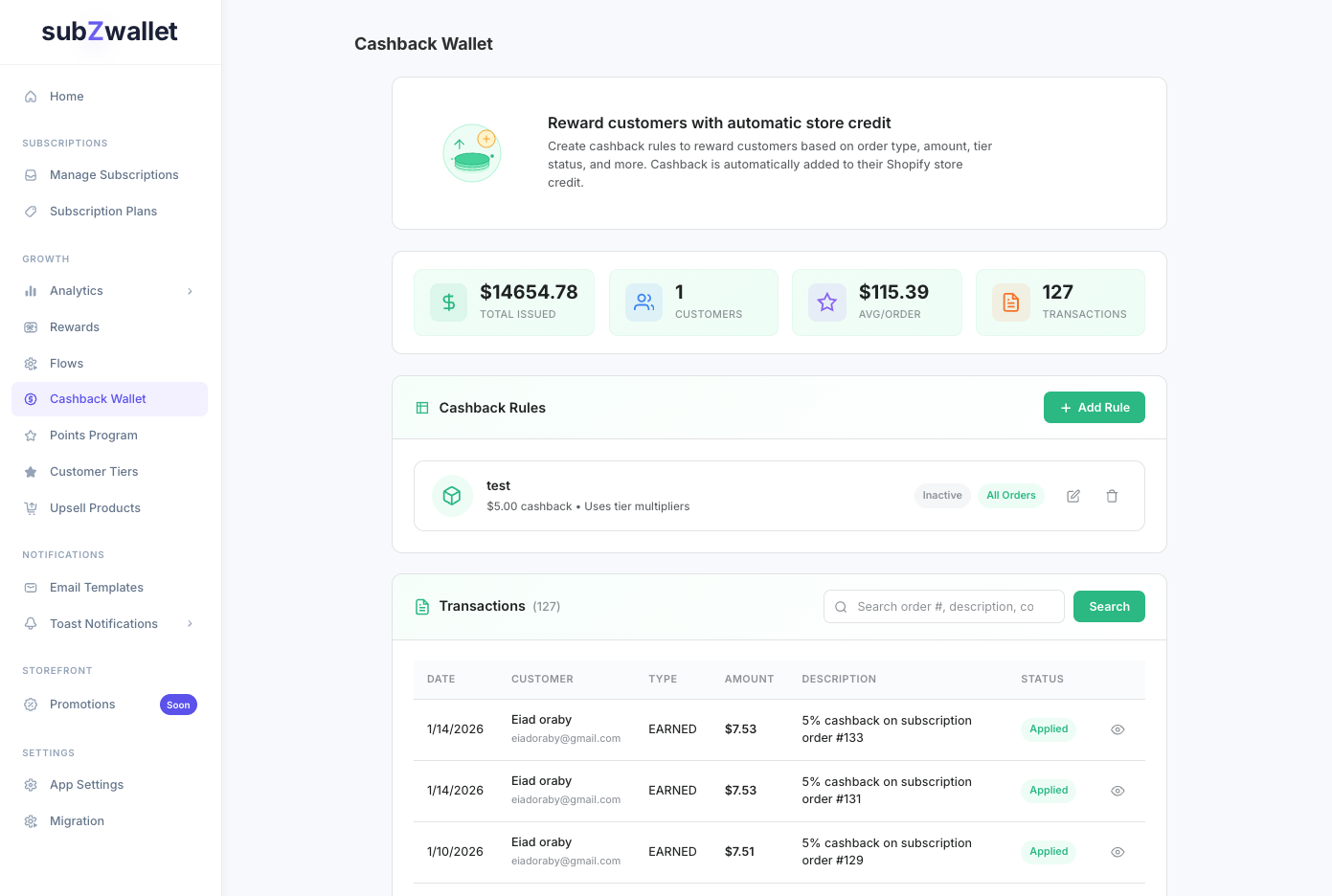 Cashback wallet transactions view showing earned and redeemed credits with customer details and amounts