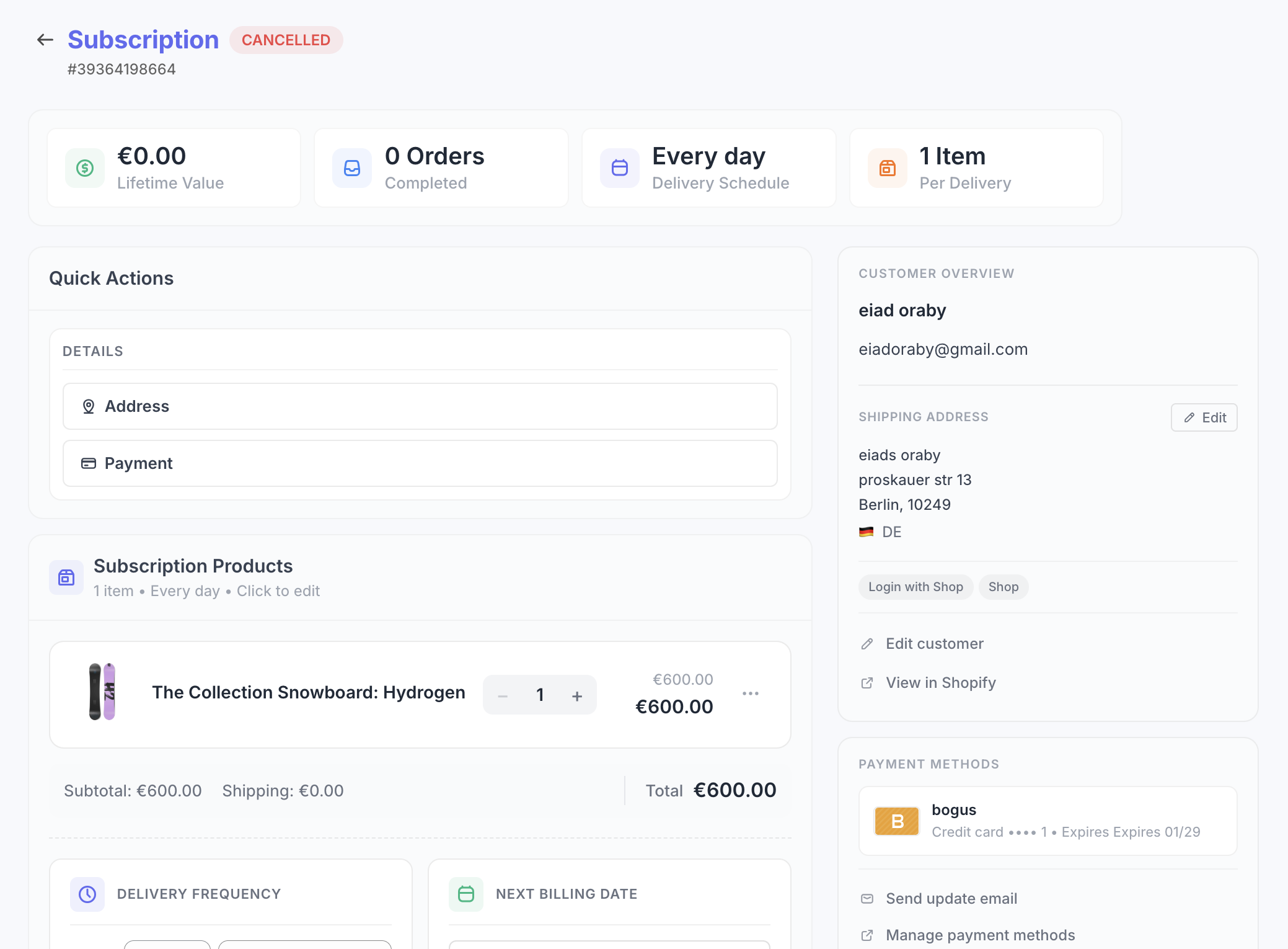 Subscription contract detail page showing billing cycles, address, and action buttons