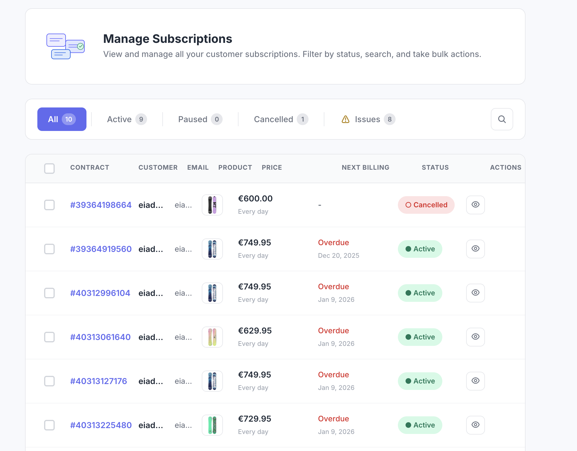 Manage Subscriptions list with status tabs and search