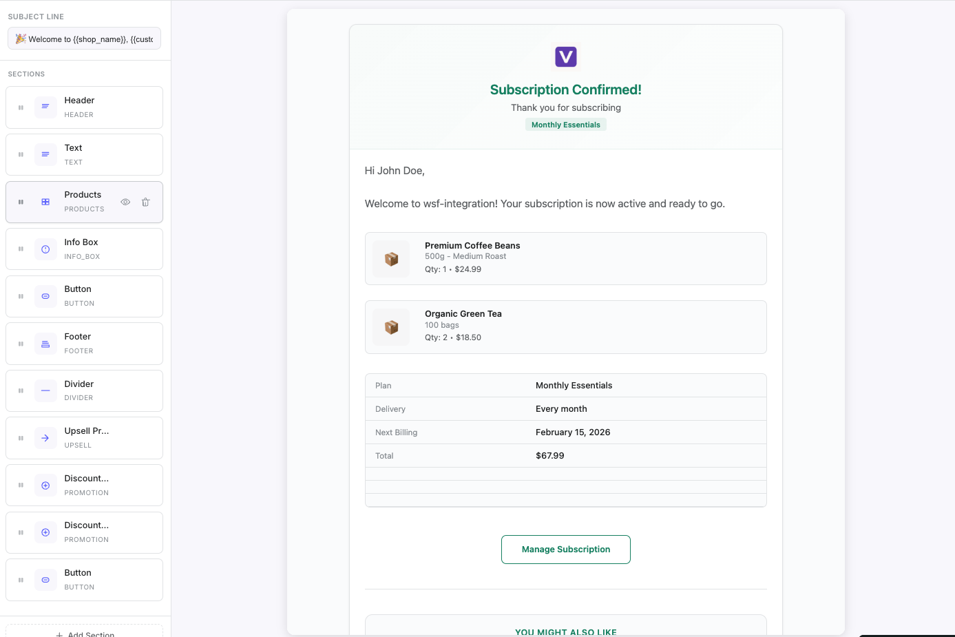 Email template editor showing subject line, body content, and merge variable options for a subscription notification