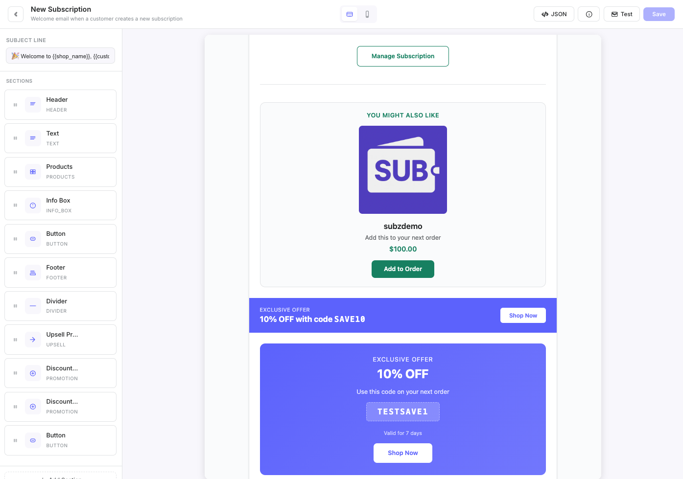 Email editor with the upsell and promotion section enabled, showing product selection and call-to-action fields