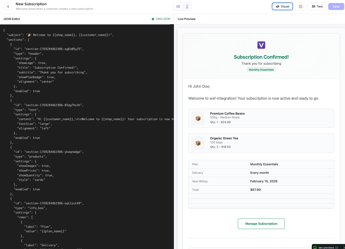 JSON editor view showing the raw template structure with conditional blocks and custom styling