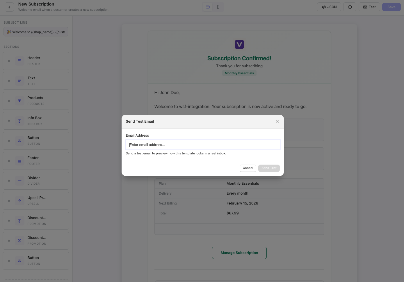 Test send modal with email address input and send button for previewing a rendered subscription email