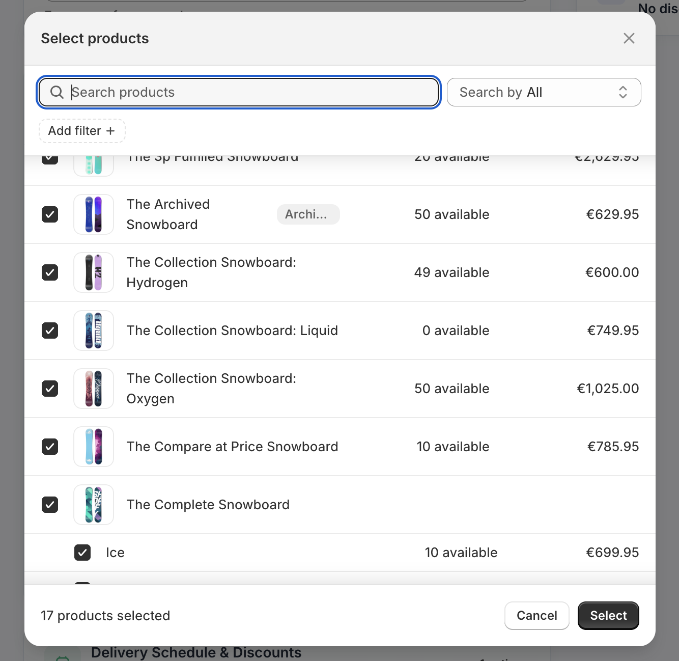 Product picker modal for selecting specific variants to attach to the plan