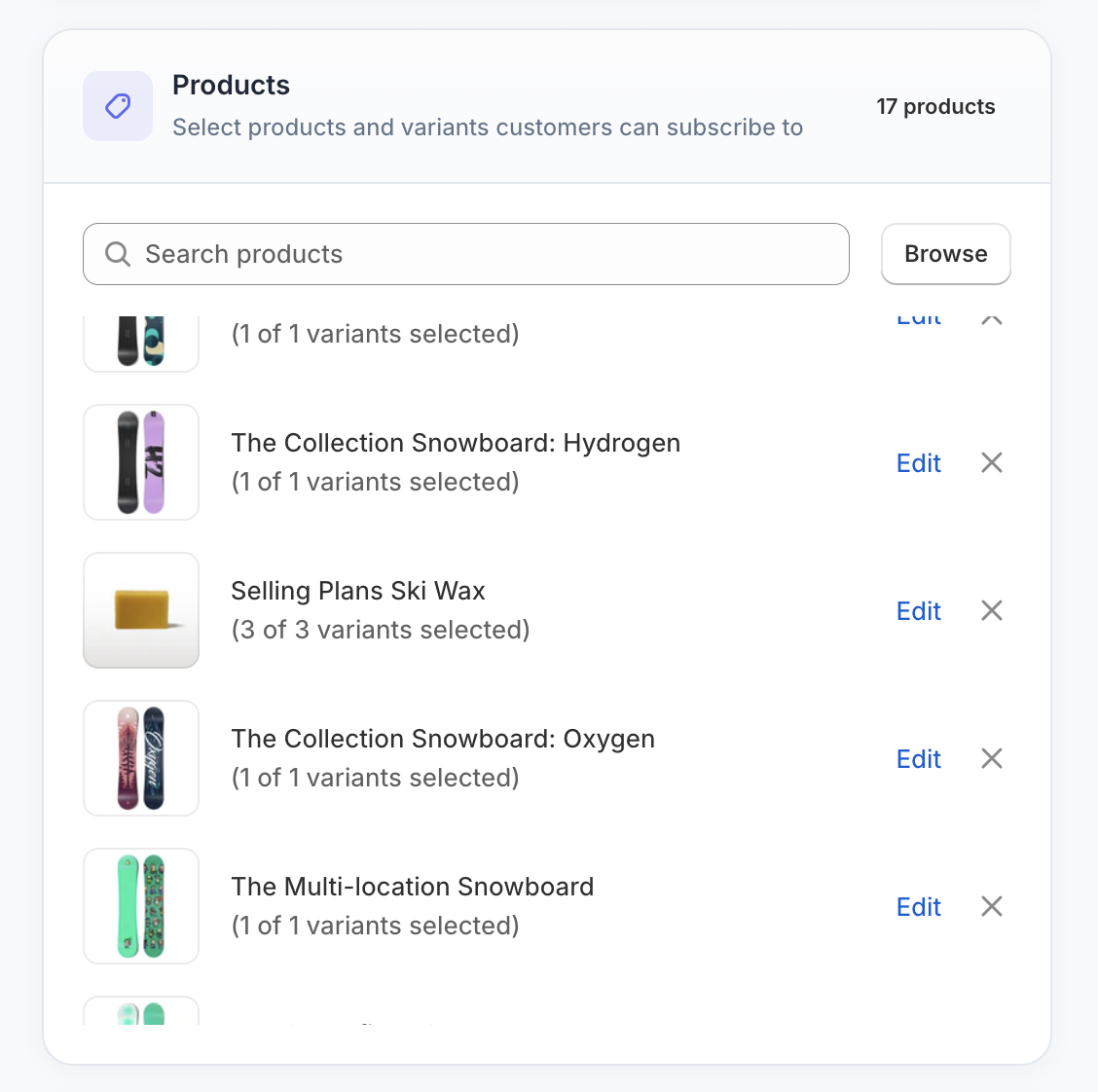 Product attachment section showing selected products for the subscription plan