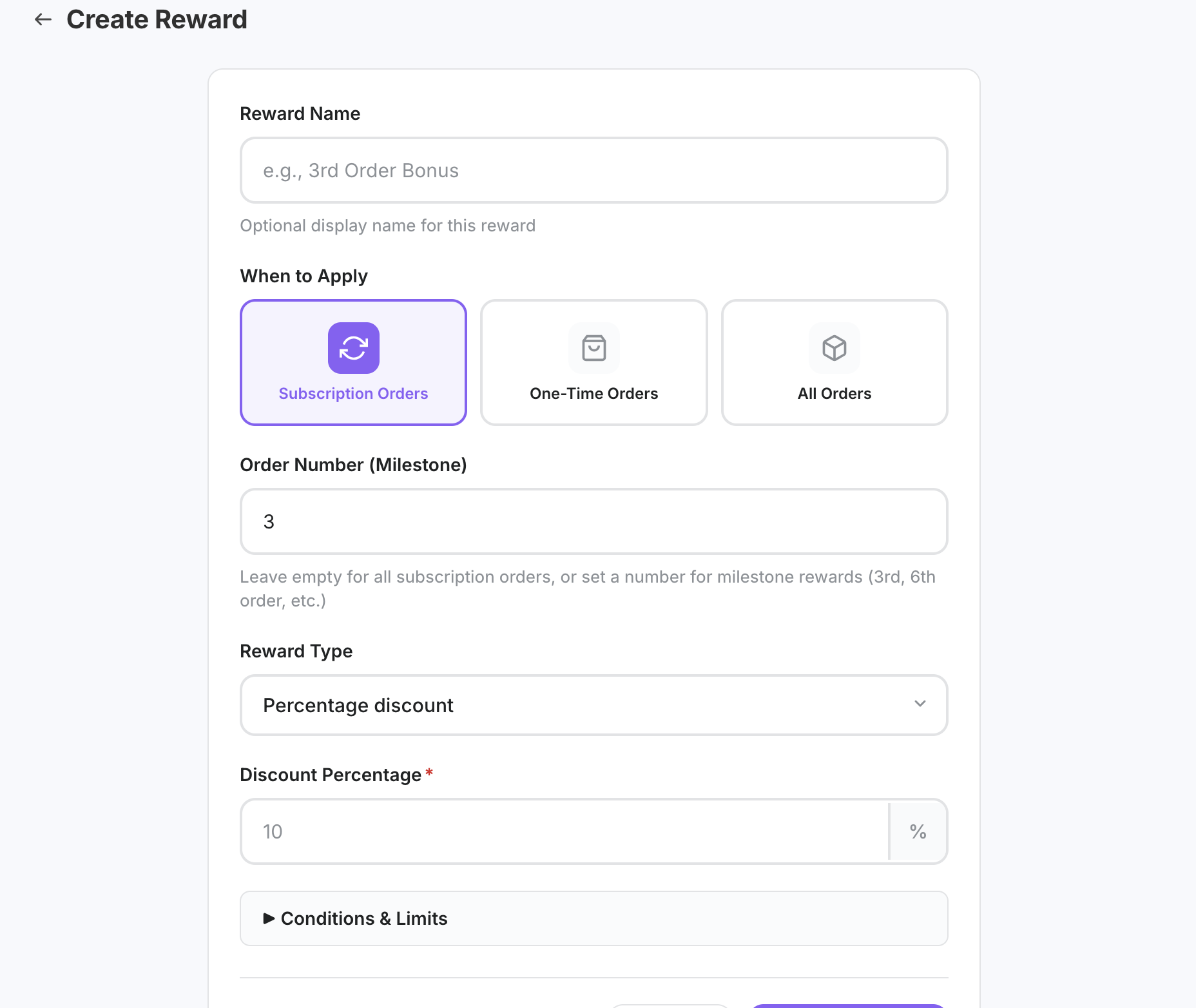 Create reward form showing milestone order number, scope, reward type, and value fields
