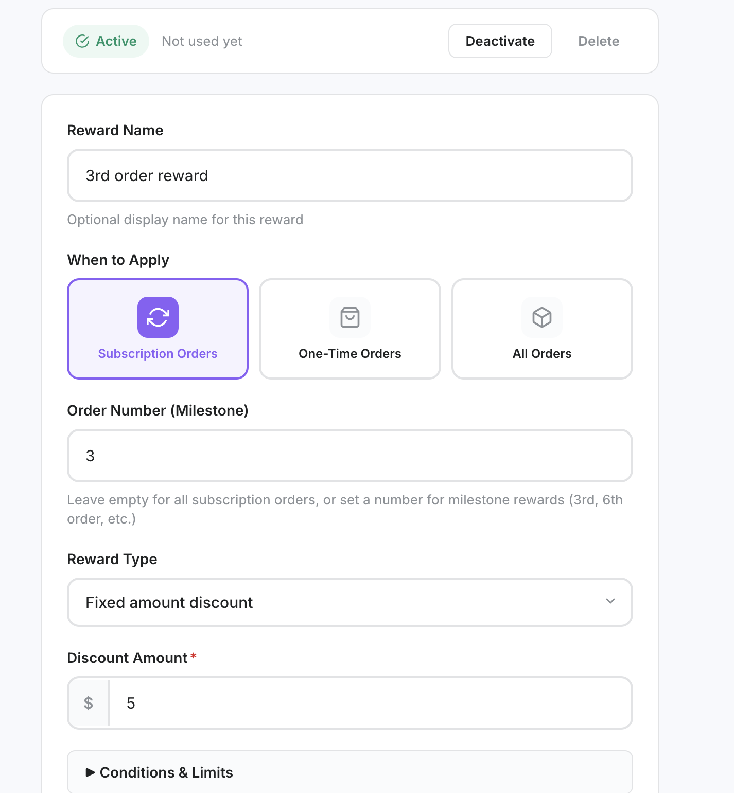 Edit form for an existing milestone reward with current values populated