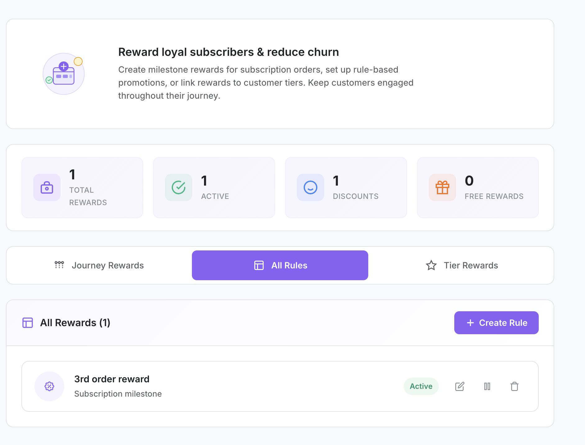 Rewards list showing active milestone rewards with order numbers, types, and scopes