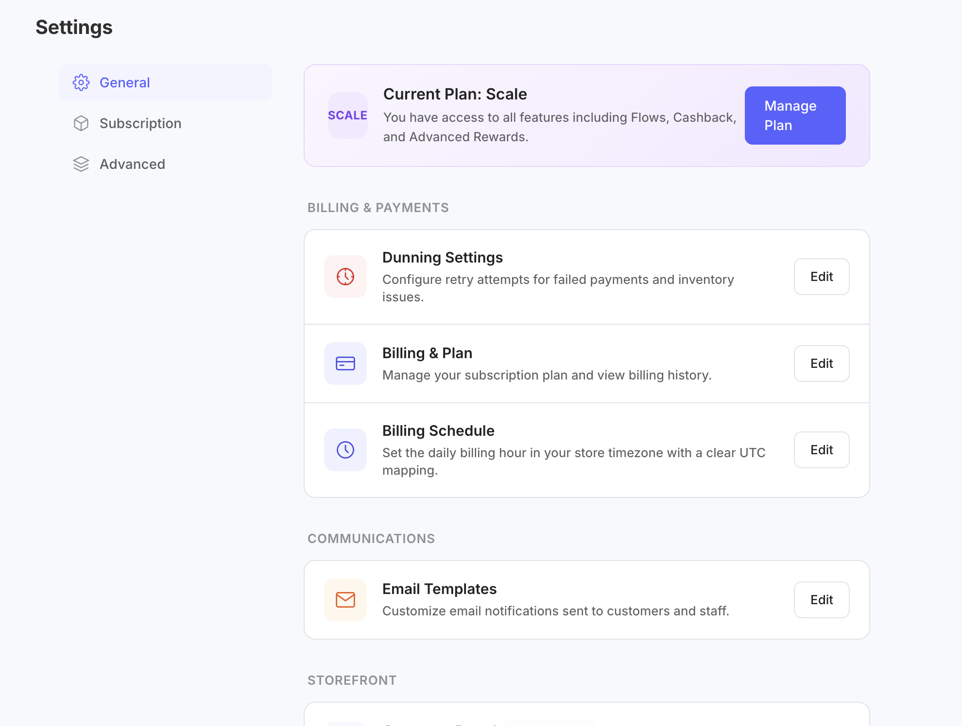 subZwallet Settings page with its sections