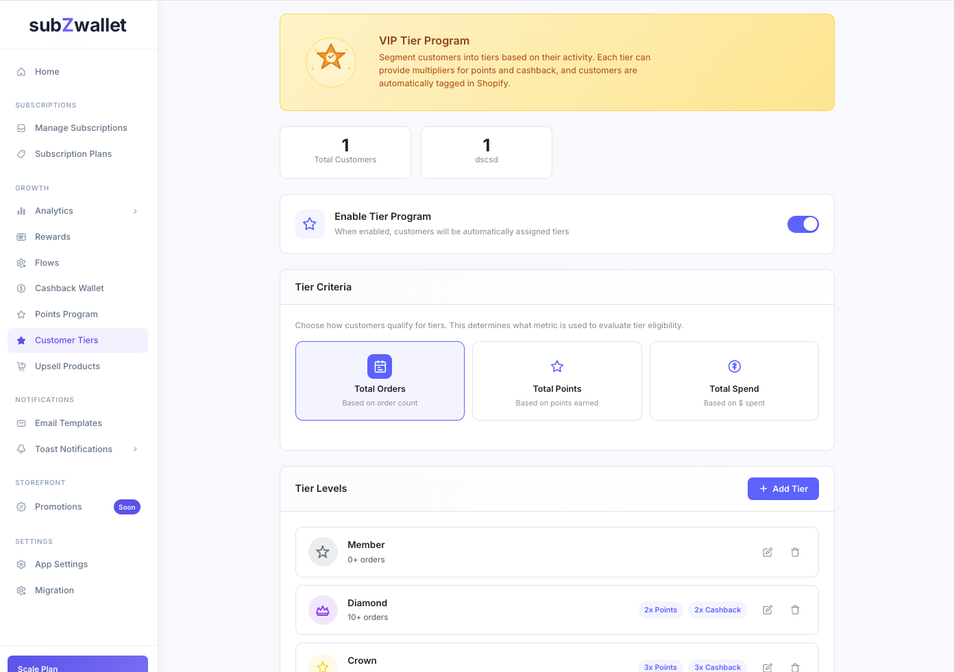 Customer tiers list in subZwallet showing program settings and configured tier levels