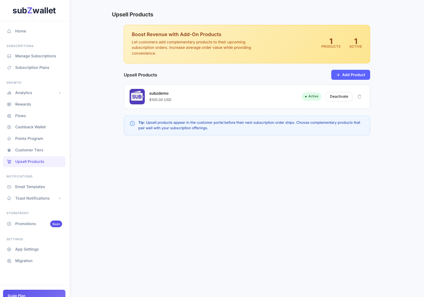 Upsell products list showing active items with display order and add product controls in subZwallet